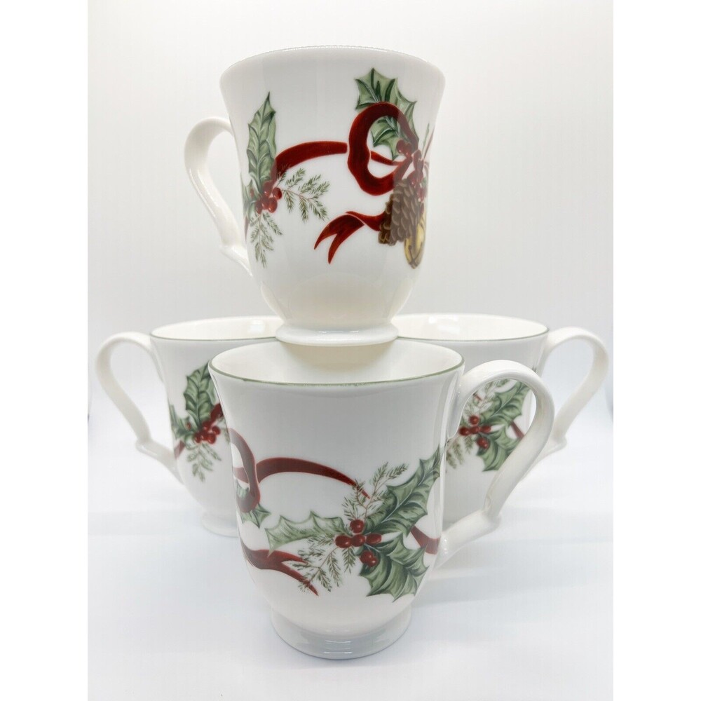 Noble Excellence Holly Bells Footed Mug Christmas Red Ribbon Pine Cone Set Of 4